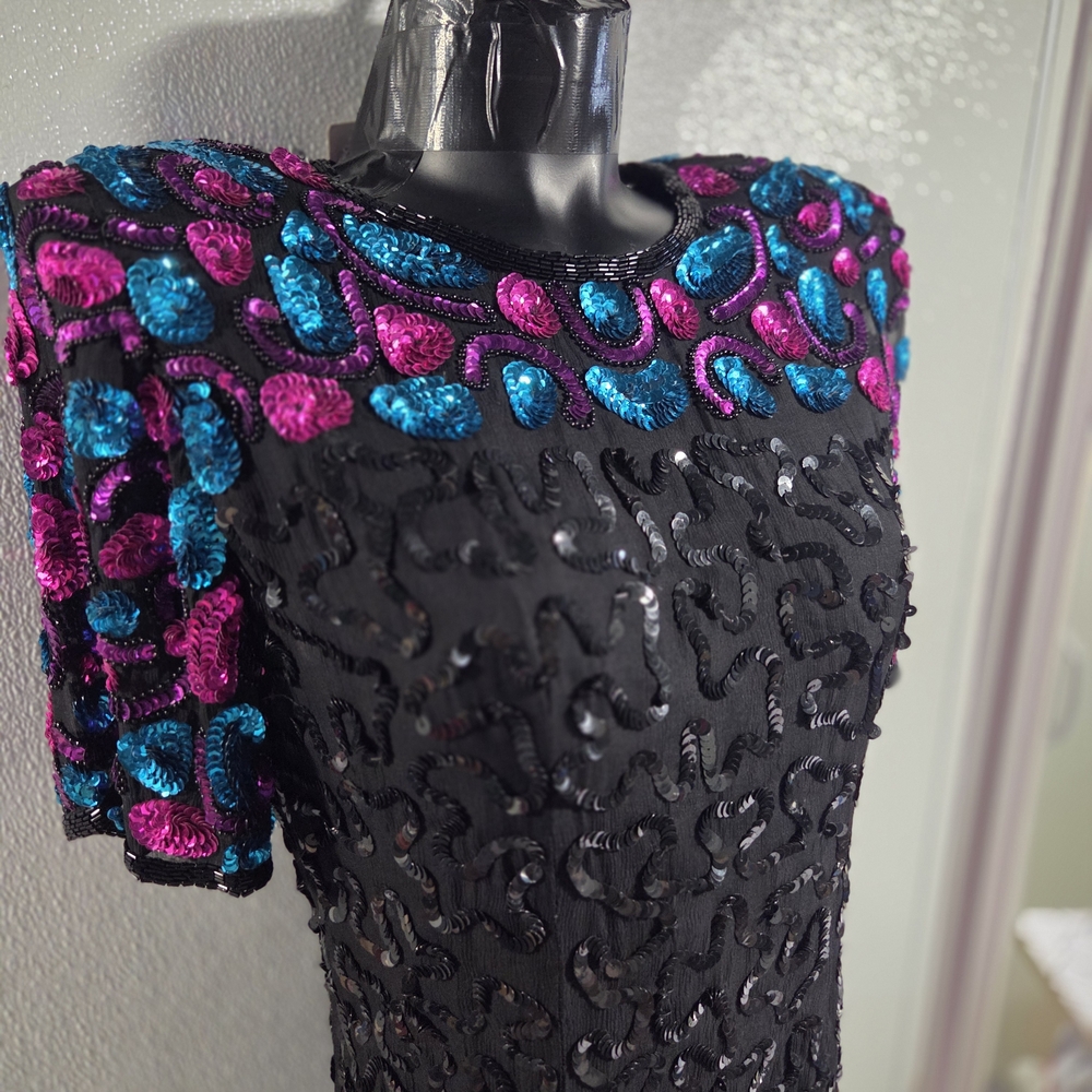 Stenay Vintage 100% Silk Womens Dress Sequence Black Gem Tones Hand Made 12 Midi